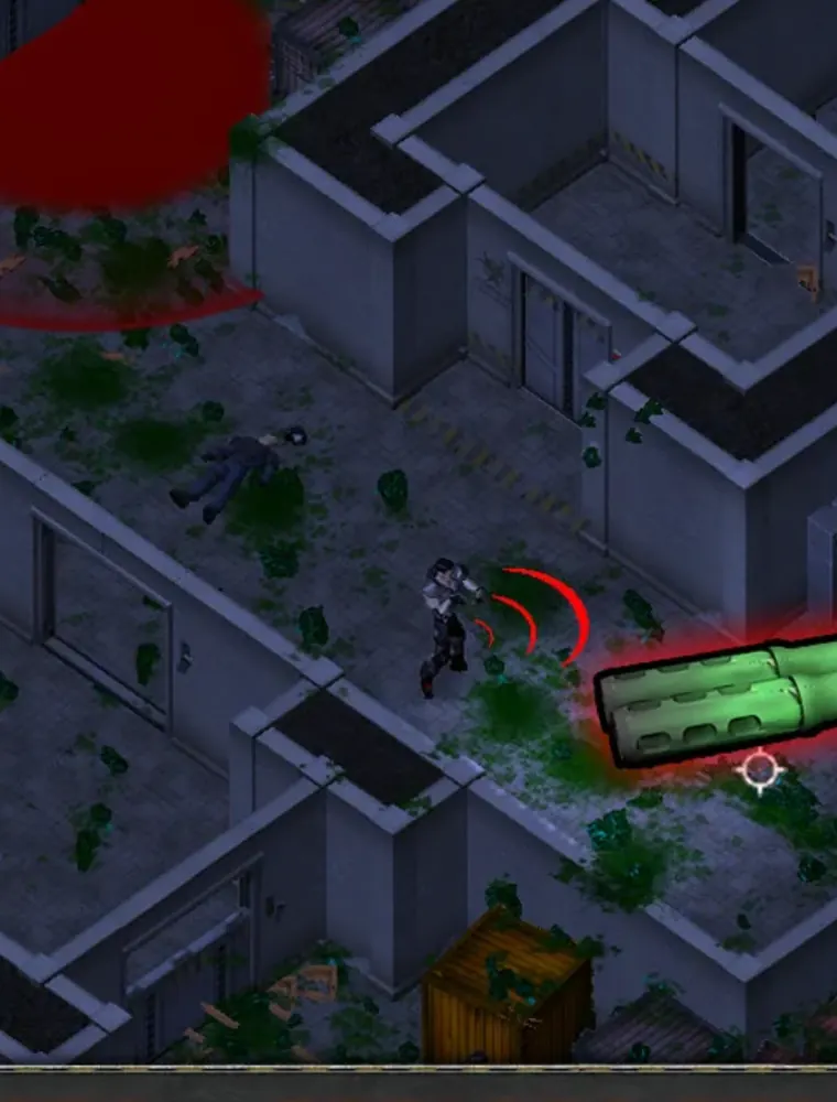 Corredor de betão visto de cima, com sangue verde no chão e uma garra de alienígena na moldura