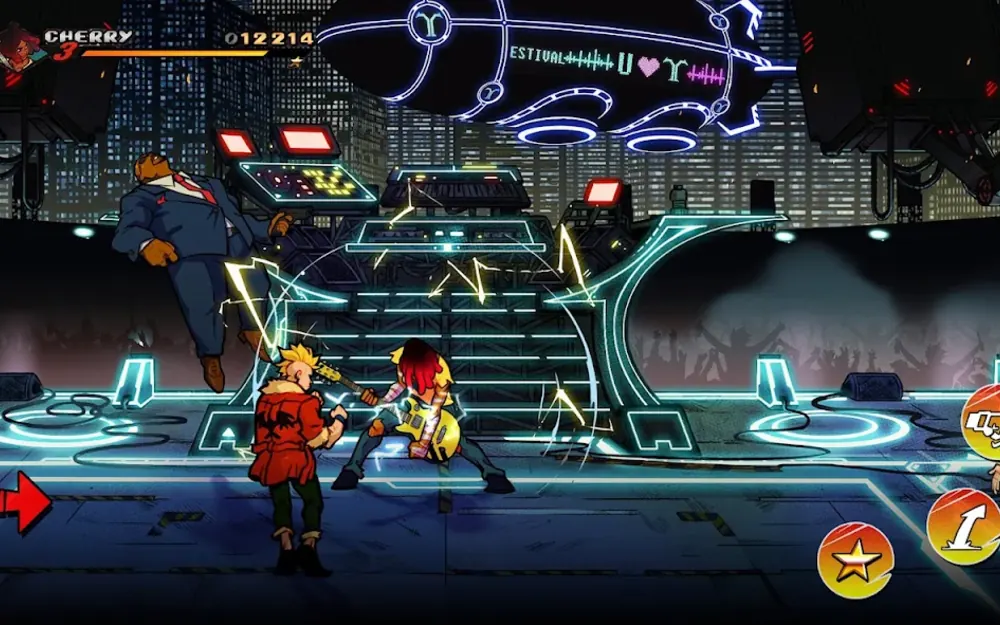 Palco iluminado a néon com escadas azuis, Cherry a combater dois inimigos e 112 214 pontos no canto